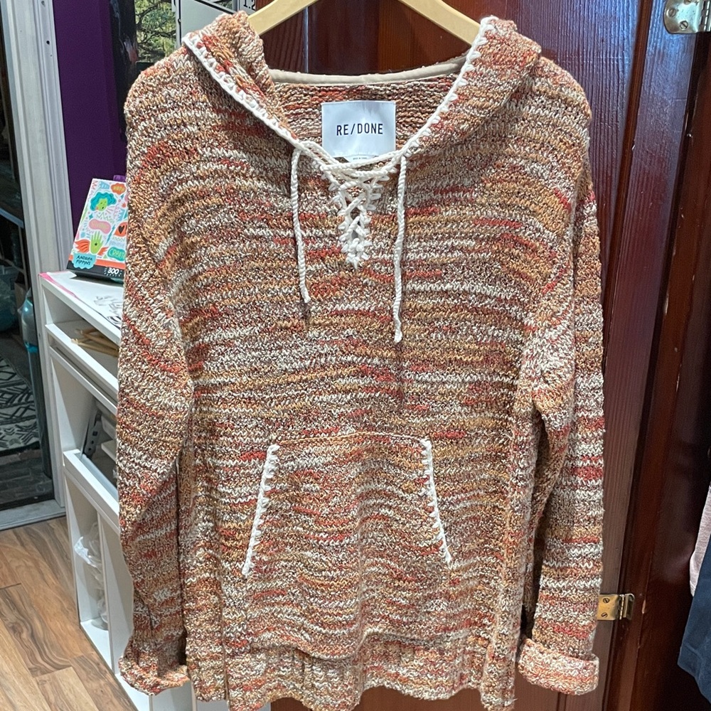 Re/Done Multicolor Lace-Up Hooded Sweater in Orange and Cream